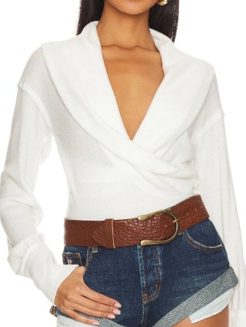 We The Free Hold Me Close ribbed knit wrap front sweater shirt top cropped